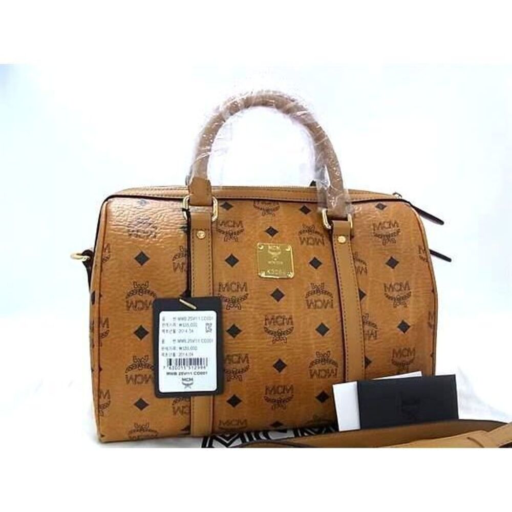 MCM Monogram Visetos Leather Crossbody Boston Bag Shoulder Brown